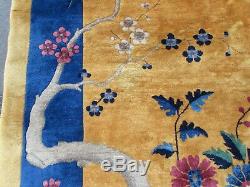 Antique Hand Made Artdeco Oriental Chinois Or Laine Bleu Grand 450x306cm Tapis