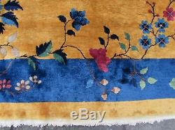 Antique Hand Made Artdeco Oriental Chinois Or Laine Bleu Grand 450x306cm Tapis
