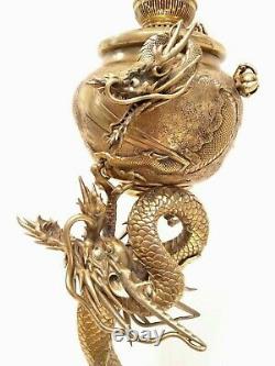 Antique Large 39'' Signé Asiatique Chinois Bronze Dragon Figural Banquet Lampe À Huile