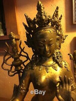 Antique Old Grand Or Peut-être En Laiton Bouddha Magnifique Déesse Asiatique Chine Sceptre