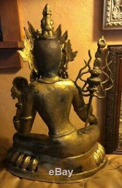 Antique Old Grand Or Peut-être En Laiton Bouddha Magnifique Déesse Asiatique Chine Sceptre