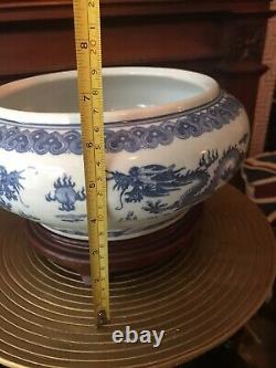 Antique Porcelaine Chinoise Grand Bol Plante Pot Planter Avec Support En Bois