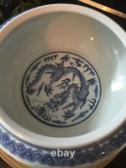 Antique Porcelaine Chinoise Grand Bol Plante Pot Planter Avec Support En Bois
