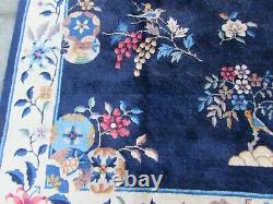 Antique Shabby Chic Worn Hand Made Art Déco Chinese Blue Wool Large Rug 250x177m