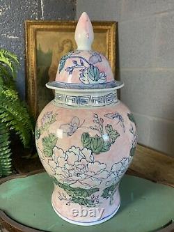 Antique Vintage Chinese Lidded Ginger Jar Rose Blue Country House Grande