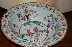 Antique Vintage Old Chinese Celadon Porcelaine Famille Rose Grand Bassin Bowl