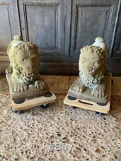 Antique Vintage Stone Garden Paire Lion Statue Grand Foo Fu Dog Weathered Chinois