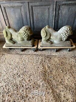 Antique Vintage Stone Garden Paire Lion Statue Grand Foo Fu Dog Weathered Chinois