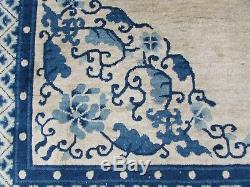 Antique Worn Hand Made Art Deco Chinois Beige Bleu Laine Grand 305x245cm Tapis