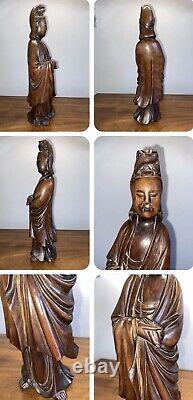 Authentique Antique Grand Chinois Qing BODHISATTVA GUANYIN KWAYIN de 32cm de hauteur.