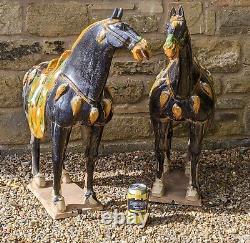 Beau couple de grands chevaux chinois de la dynastie Tang en glaçure sancai