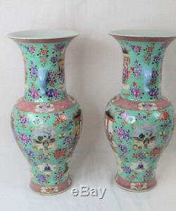 Beaux Grand Miroir Paire Chinois Famille Vases En Porcelaine Rose 19