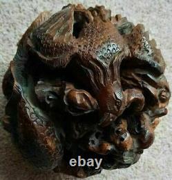 Belle Antique Grand Lourd Chinois Root Carving Dragon Phoenix