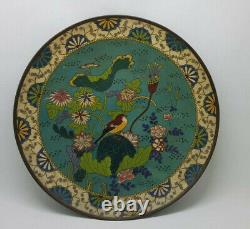 Belle Antiquité Chinoise Cloisonne Grande Plaque Avec Bird & Lotus Qin Dyna/g0021