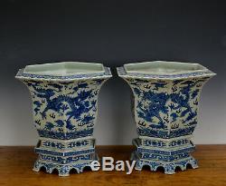 Belle Paire De Grand Bleu Chinois Dragon Blanc 6 Side Porcelaine Pot De Fleurs