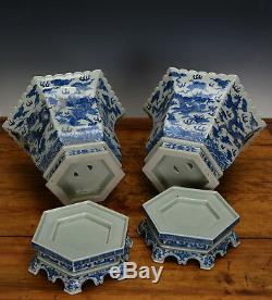 Belle Paire De Grand Bleu Chinois Dragon Blanc 6 Side Porcelaine Pot De Fleurs