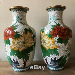 Belle Paire De Grands Vases Chinois Cloisonné Pivoine Et Design Papillon