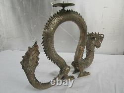 Belle Vintage Grande Laiton / Bronze Statue De Dragon Chinois Bougeoir