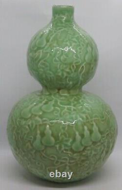 Céladon Vert Chinois Glaçure Vintage Victorien Oriental Antique Grand Vase De Gourde