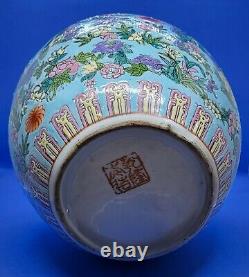 Chinese Cantonais Vintage Art Déco Oriental Antique Grand Vase De Pot De Gingembre Bleu