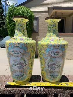 Chinese Grand Antique Émail Cloisonné Vase Avec Des Fleurs Paire