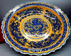 Chinese Grand Dish Jaune Fond Blue Dragon Pattern Oriental Collection