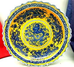 Chinese Grand Dish Jaune Fond Blue Dragon Pattern Oriental Collection