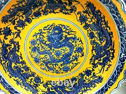 Chinese Grand Dish Jaune Fond Blue Dragon Pattern Oriental Collection