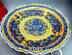 Chinese Grand Dish Jaune Fond Blue Dragon Pattern Oriental Collection