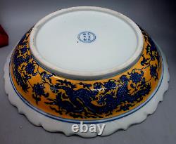 Chinese Grand Dish Jaune Fond Blue Dragon Pattern Oriental Collection