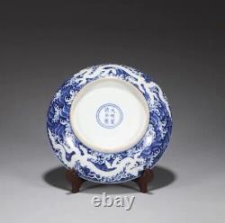 Chinese Vieille Collection Ming Xuande Bleu & Blanc Grande Assiette Avec Dragon D'eau De Mer