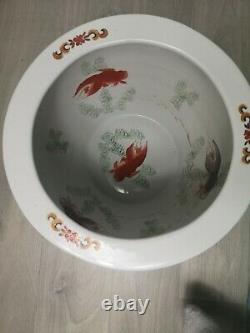 Chinese Vintage Plant Pot Grand Bird Et Gold Fish Détail