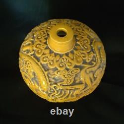 Chinois Antique Célèbre Artiste Grand Jaune Vase En Porcelaine De Dragon