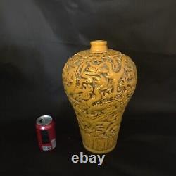 Chinois Antique Célèbre Artiste Grand Jaune Vase En Porcelaine De Dragon