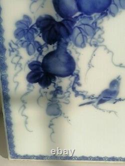 Chinois Antique Fine Large Blue And White Porcelaine Plaque Panneau Signé Shuzan