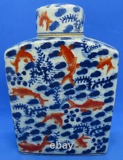 Chinois Rouge & Bleu Vintage Art Déco Oriental Antique Grand Vase À Thé De Caddy De Poisson