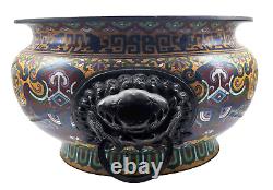 Early Chinese Cloisonne Enamel Large Bowl Foo Dog Poignées Rare Peut-être Ming