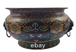 Early Chinese Cloisonne Enamel Large Bowl Foo Dog Poignées Rare Peut-être Ming