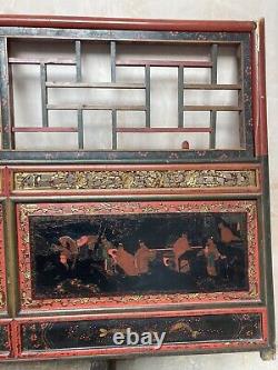 Écran de temple chinois antique en bois sculpté et peint de grande taille, inhabituel, unique et rare