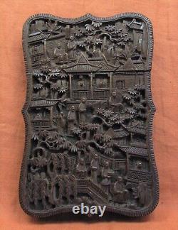 Étui à cartes antique Chinois en bois sculpté de grande taille en serpentine
