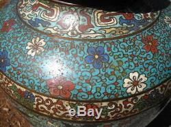 Exceptionnel Ancien Cloisonne Chinois Grand Vase Bronze Volant Chevaux Ailes