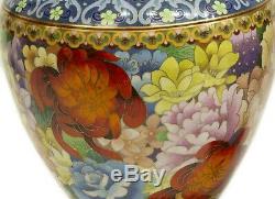 Exceptionnelle Paire De Très Grande Taille Vintage Colorés Cloisonnée Vases Avec Des Stands