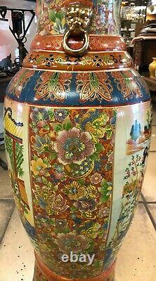 Extra Grand Vintage Millefleurs & Scène De Cour Vase De Sol Chinois Peint À La Main