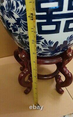 Extra Large Blue & White Signé Ginger Jar & Chinese Hardwood Stand 21 Tall