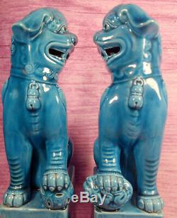 Foo Chiens Chinois Bleu Turquoise Céramique Grand 10 Pouces Statues Vintage Asiatiques Paire