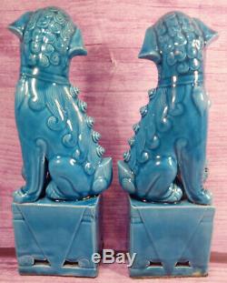 Foo Chiens Chinois Bleu Turquoise Céramique Grand 10 Pouces Statues Vintage Asiatiques Paire