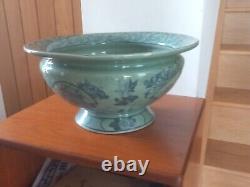 GRAND bol sur pieds en fer blanc chinois céladon vert et bleu vintage PLANTER. 15 D