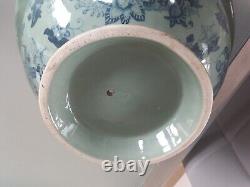 GRAND bol sur pieds en fer blanc chinois céladon vert et bleu vintage PLANTER. 15 D