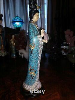 Grand 13antique Bronze Chinois Cloisonné Figurine Femme Maiden Quan Yin