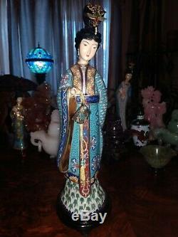 Grand 15antique Bronze Chinois Cloisonné Figurine Femme Maiden Quan Yin